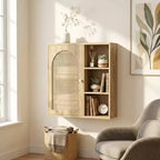 Dcolora Boho Rattan Wall Cabinet, Arched Door, Open Shelf, Bathroom Storage Unit