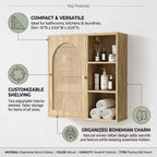 Dcolora Boho Rattan Wall Cabinet, Arched Door, Open Shelf, Bathroom Storage Unit