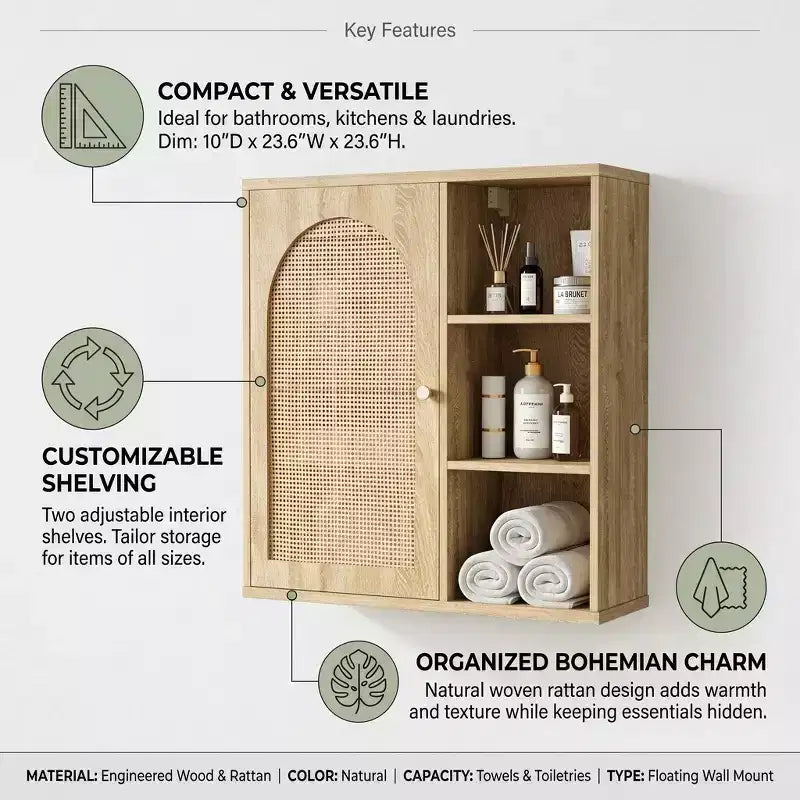Dcolora Boho Rattan Wall Cabinet, Arched Door, Open Shelf, Bathroom Storage Unit