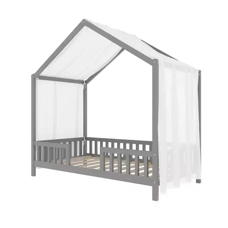 Luxystar Twin Size Low House Shape Montessori Bed Frame With Curtains