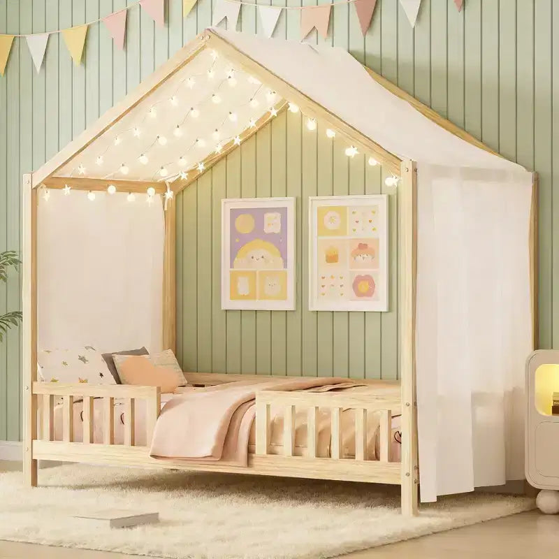 Luxystar Twin Size Low House Shape Montessori Bed Frame With Curtains