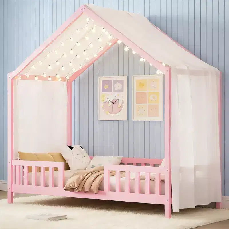 Luxystar Twin Size Low House Shape Montessori Bed Frame With Curtains