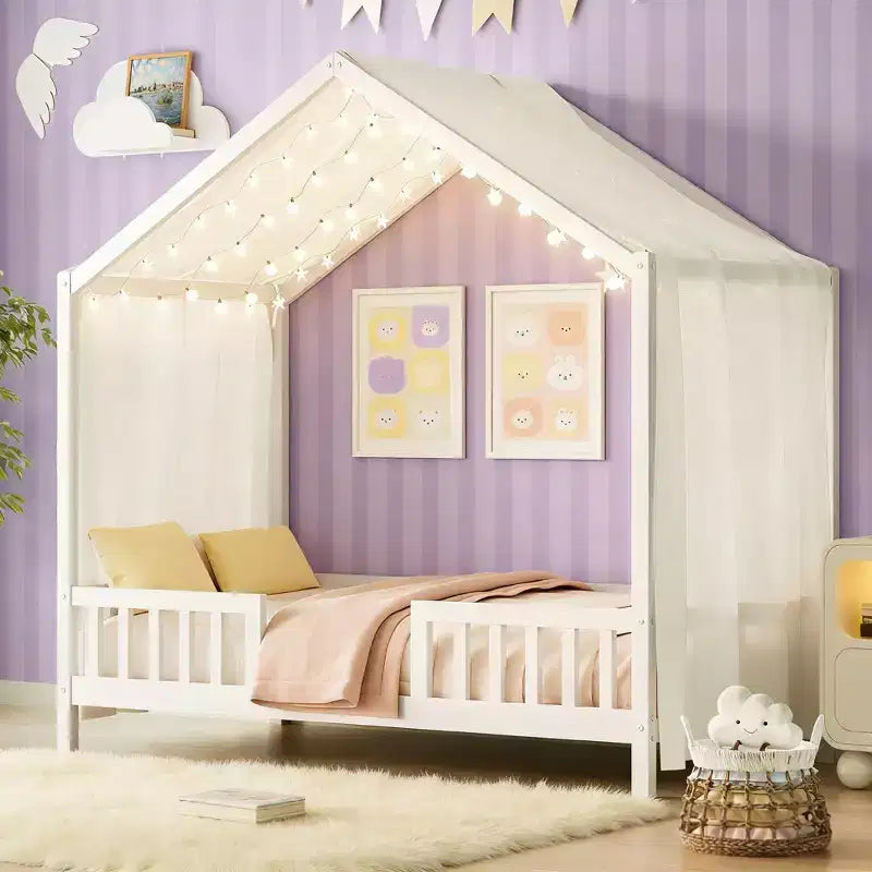 Luxystar Twin Size Low House Shape Montessori Bed Frame With Curtains