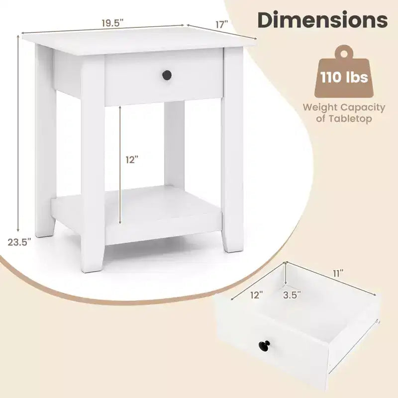 Costway 1/2 PCS Nightstand with Drawer 3-Tier Modern Bedside Table with Open Shelf Storage for Bedroom White/Black