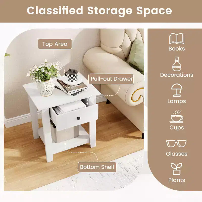 Costway 1/2 PCS Nightstand with Drawer 3-Tier Modern Bedside Table with Open Shelf Storage for Bedroom White/Black