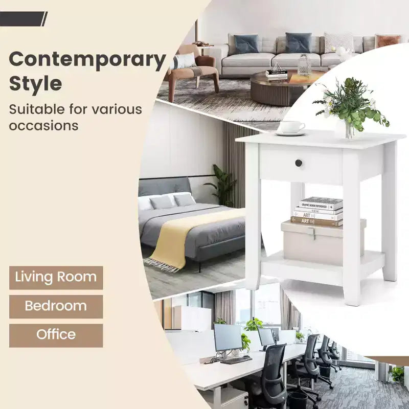 Costway 1/2 PCS Nightstand with Drawer 3-Tier Modern Bedside Table with Open Shelf Storage for Bedroom White/Black