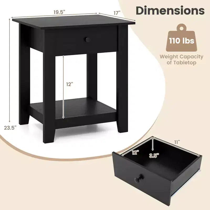 Costway 1/2 PCS Nightstand with Drawer 3-Tier Modern Bedside Table with Open Shelf Storage for Bedroom White/Black