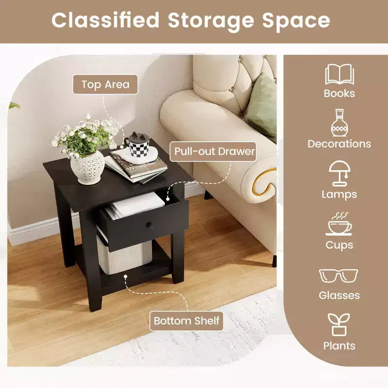 Costway 1/2 PCS Nightstand with Drawer 3-Tier Modern Bedside Table with Open Shelf Storage for Bedroom White/Black