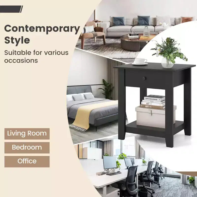 Costway 1/2 PCS Nightstand with Drawer 3-Tier Modern Bedside Table with Open Shelf Storage for Bedroom White/Black