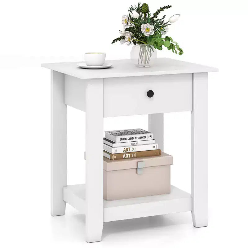 Costway 1/2 PCS Nightstand with Drawer 3-Tier Modern Bedside Table with Open Shelf Storage for Bedroom White/Black