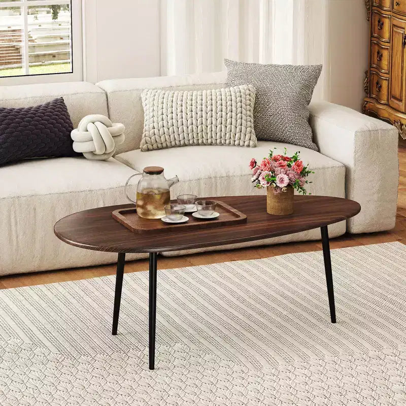Costway Oval Coffee Table with Sturdy Metal Construction & Compact Design, Retro Sofa Table Walnut/Natural/Gray/Black