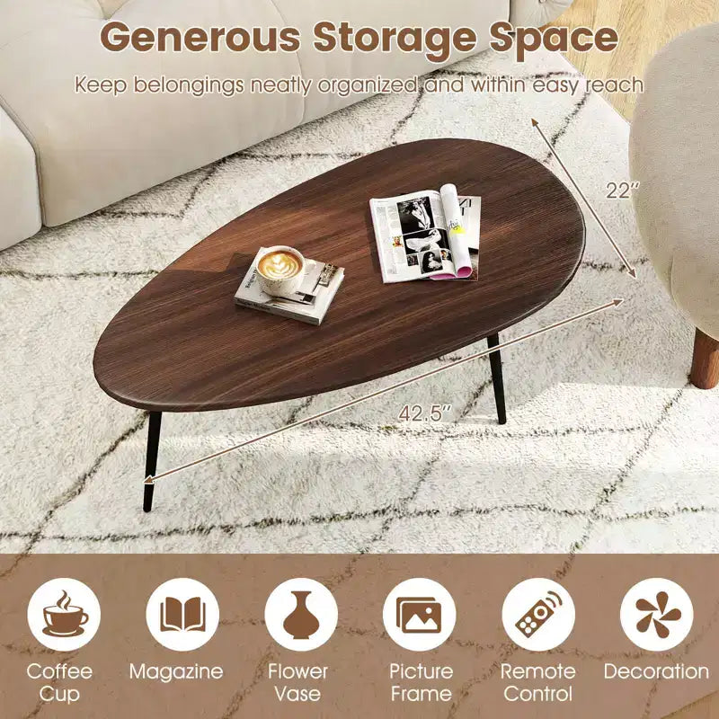 Costway Oval Coffee Table with Sturdy Metal Construction & Compact Design, Retro Sofa Table Walnut/Natural/Gray/Black