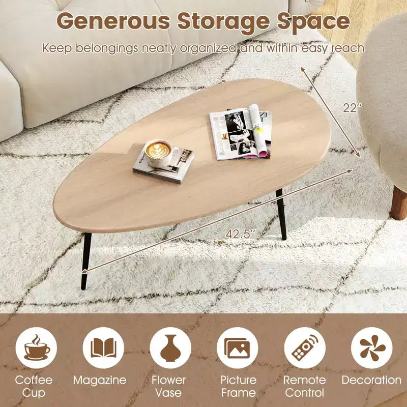 Costway Oval Coffee Table with Sturdy Metal Construction & Compact Design, Retro Sofa Table Walnut/Natural/Gray/Black