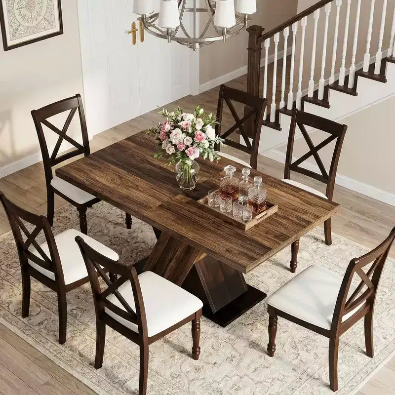MAYEERTY 55 Farmhouse Dining Table, Dark Wood Grain 4-6 Seater Rectangular Kitchen Table, Easy Assembly