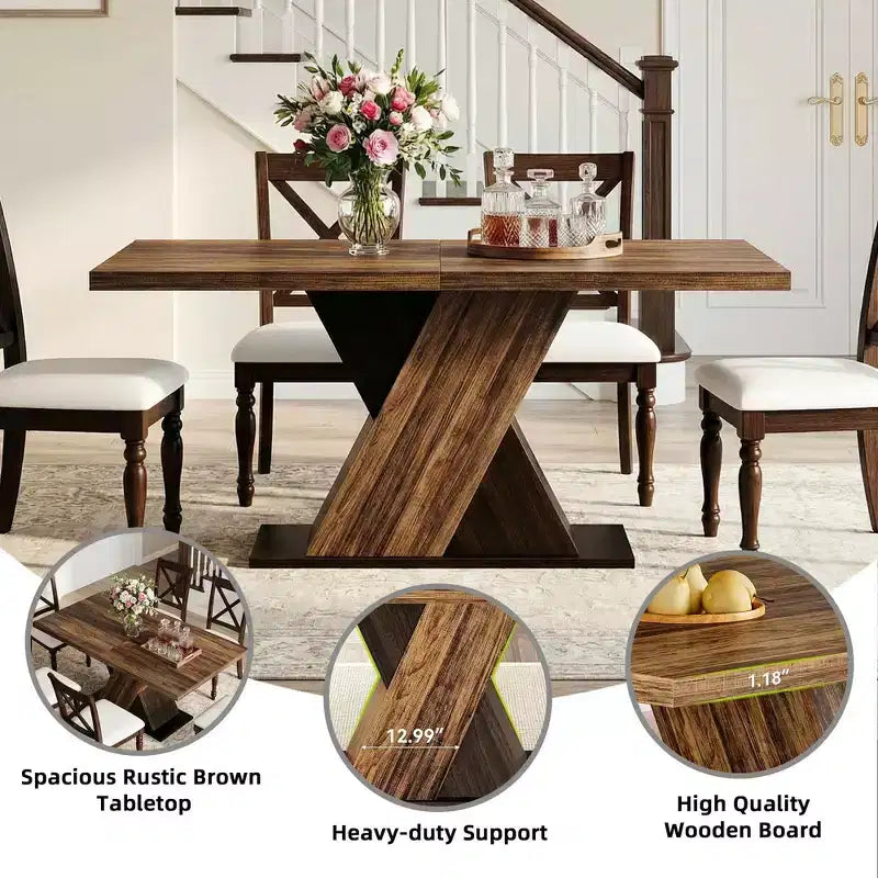 MAYEERTY 55 Farmhouse Dining Table, Dark Wood Grain 4-6 Seater Rectangular Kitchen Table, Easy Assembly