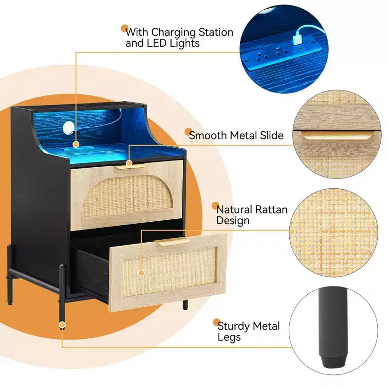 Comodino in Rattan di Legno, Confezione da 2, Stazione di Ricarica e Luci LED, Porte USB/Prese, 3 Cassetti in Rattan, Nero per Camera da Letto