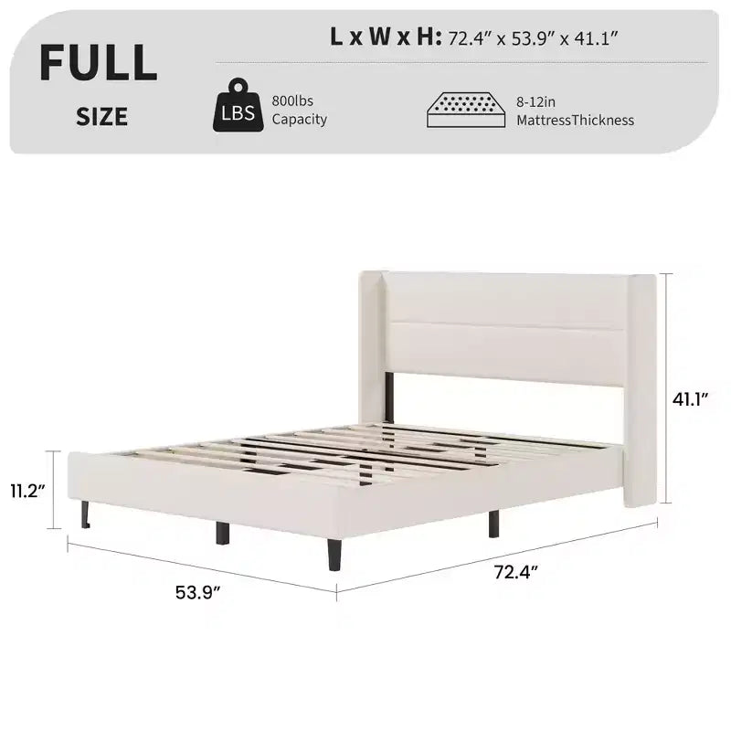Full Size Bed Frame with Wingback Headboard, Velvet Upholstered Platform Bed Frame, Wood Slats Support, No Box Spring Needed, Noise-Free, Beige