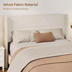 Full Size Bed Frame with Wingback Headboard, Velvet Upholstered Platform Bed Frame, Wood Slats Support, No Box Spring Needed, Noise-Free, Beige