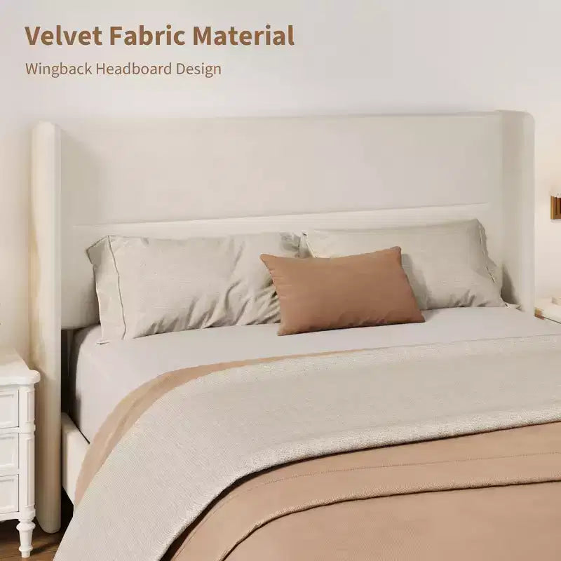 Full Size Bed Frame with Wingback Headboard, Velvet Upholstered Platform Bed Frame, Wood Slats Support, No Box Spring Needed, Noise-Free, Beige