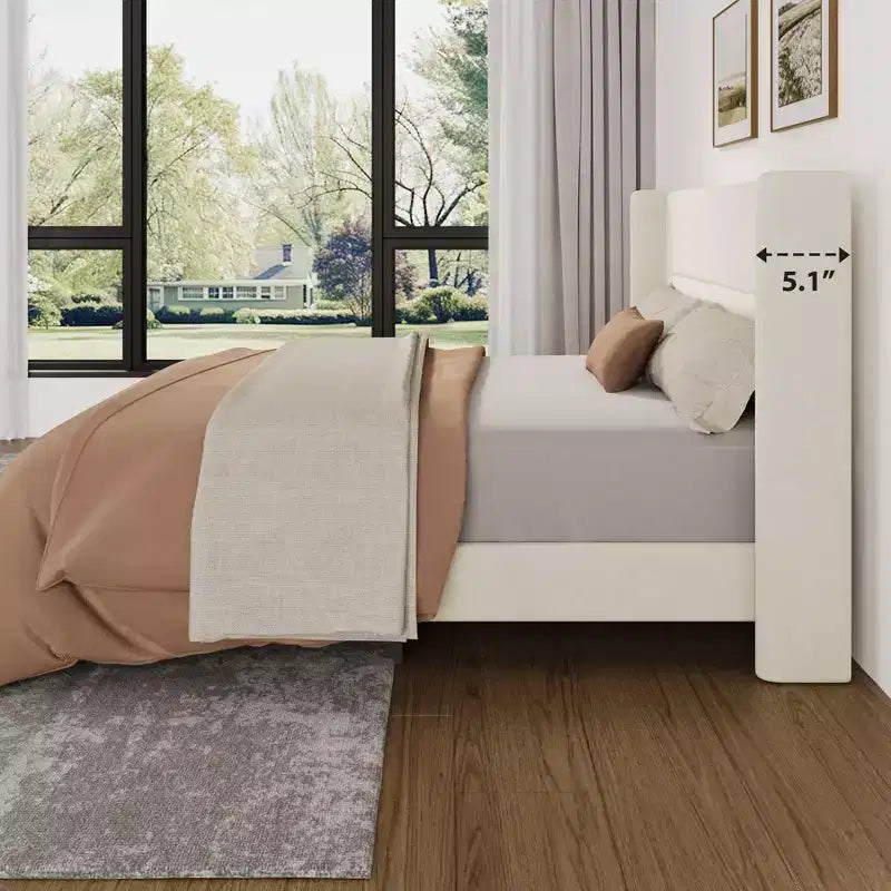 Full Size Bed Frame with Wingback Headboard, Velvet Upholstered Platform Bed Frame, Wood Slats Support, No Box Spring Needed, Noise-Free, Beige