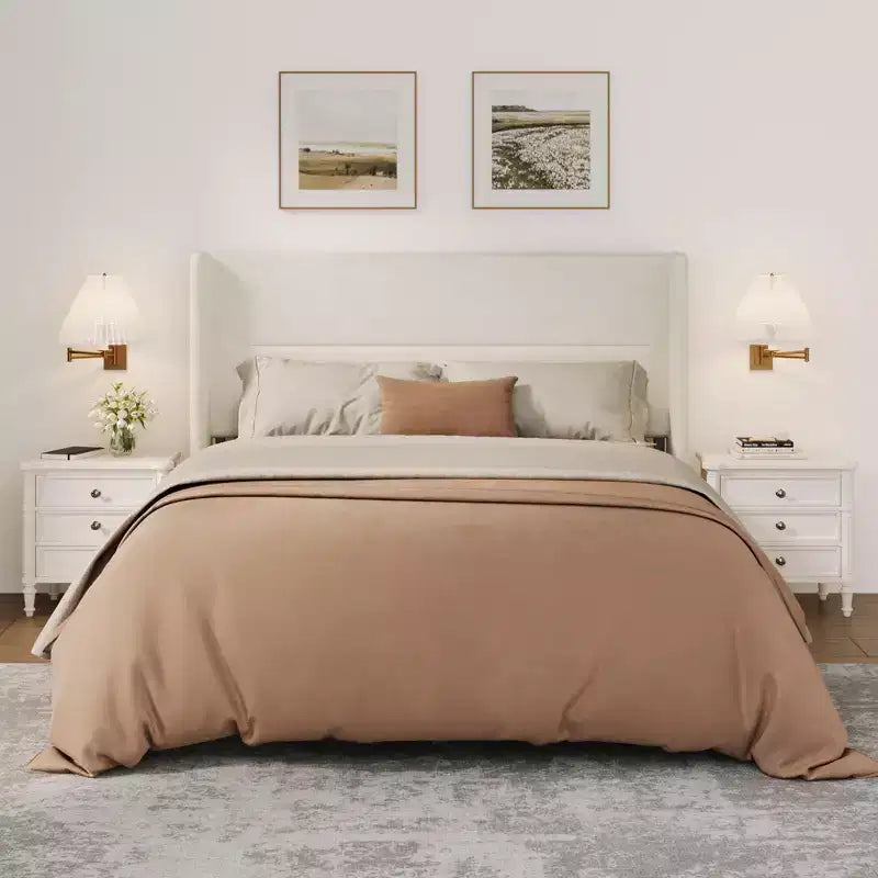 Full Size Bed Frame with Wingback Headboard, Velvet Upholstered Platform Bed Frame, Wood Slats Support, No Box Spring Needed, Noise-Free, Beige