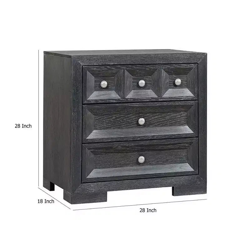 Comodino Royal Hampton Kizie, 3 cassetti, USB A-C, Legno nero anticato, 28 pollici