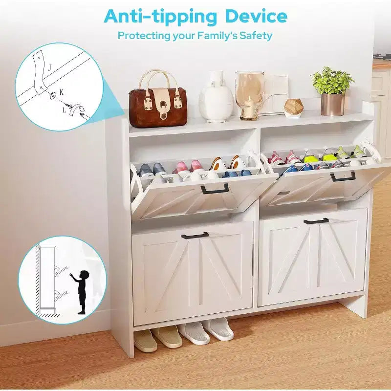 Zevemomo White Shoe Cabinet with 4 Flip Drawers, Hidden Shoe Rack with Adjustable Shelf for Entryway, Hallway, Living Room