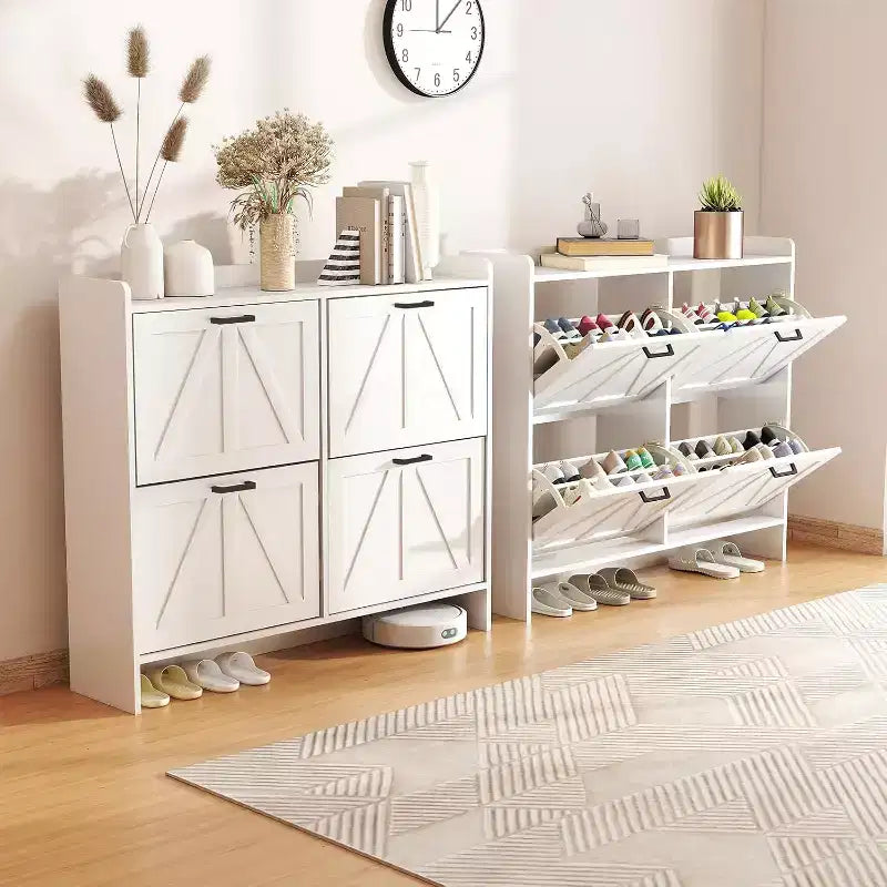 Zevemomo White Shoe Cabinet with 4 Flip Drawers, Hidden Shoe Rack with Adjustable Shelf for Entryway, Hallway, Living Room