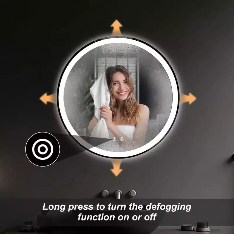 Specchio da Bagno Rotondo Antiappannamento a LED JIONJOY con Cornice, 3 Colori di Luce e Luminosità Dimmerabile per Mobile Lavabo