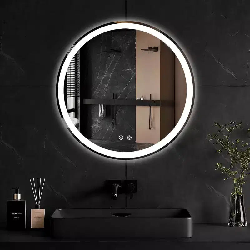 Specchio da Bagno Rotondo Antiappannamento a LED JIONJOY con Cornice, 3 Colori di Luce e Luminosità Dimmerabile per Mobile Lavabo