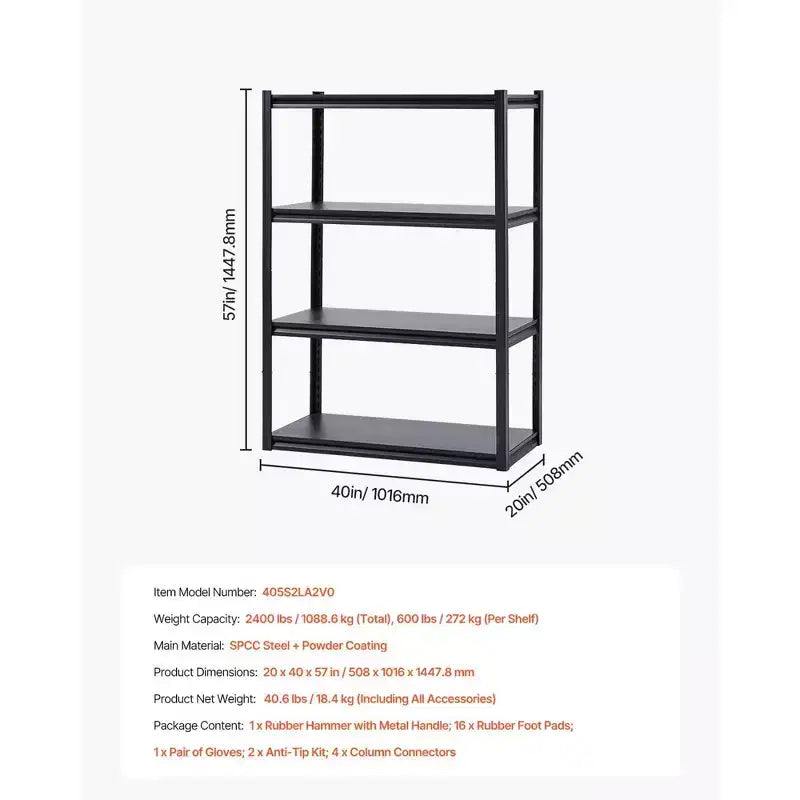Storage Shelves 20 D x 40 W x 57 H 4 Tier Garage Storage Shelving Heavy Duty Portable
