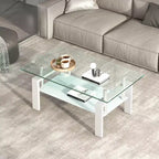 Tempered Clear Glass Coffee Table, 2-Tier Modern Center Table with Storage for Living Room