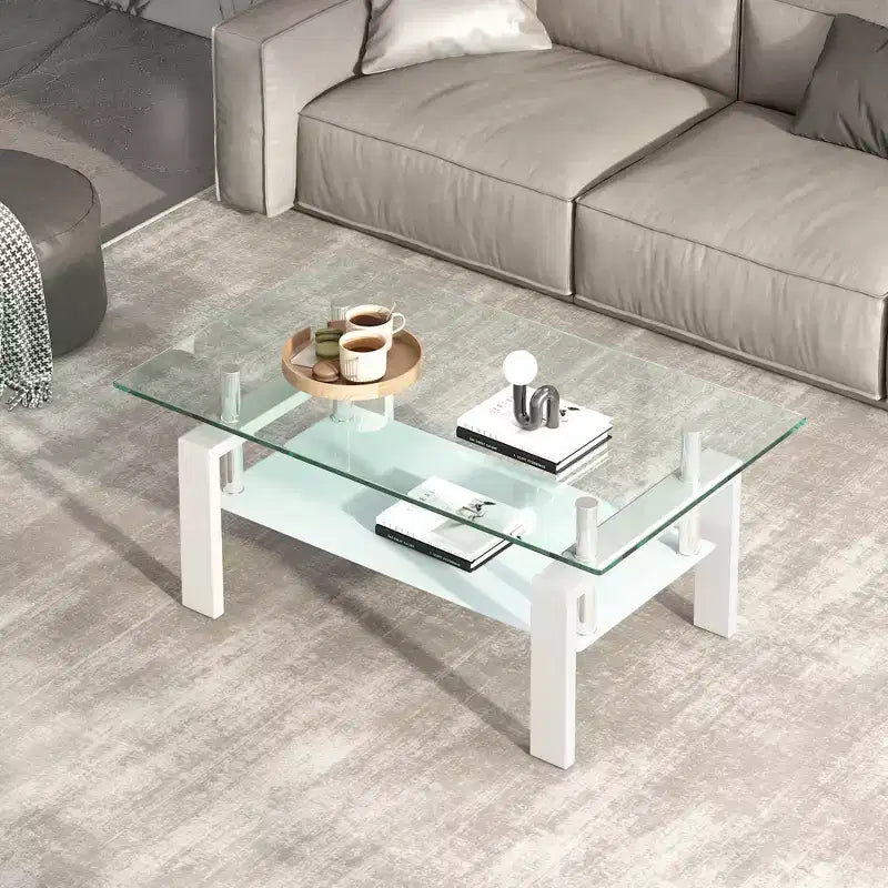 Tempered Clear Glass Coffee Table, 2-Tier Modern Center Table with Storage for Living Room