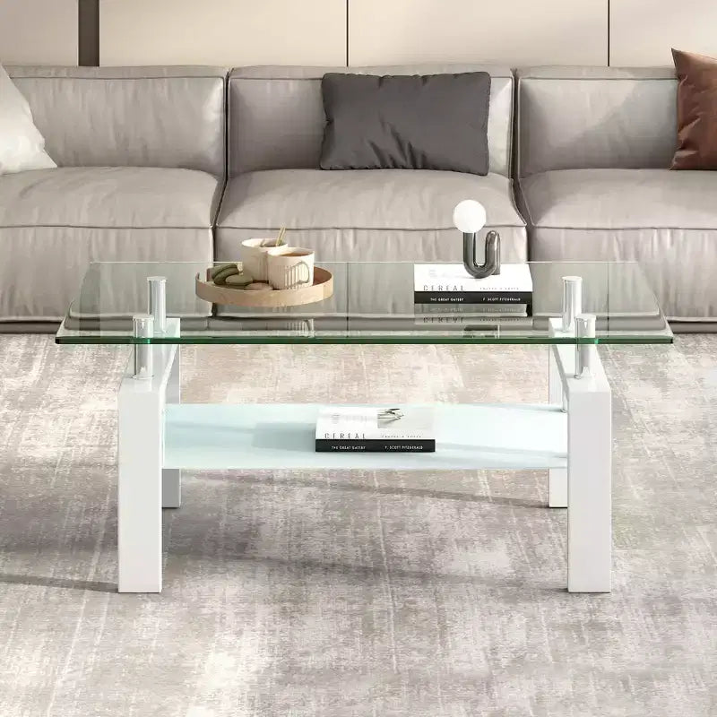 Tempered Clear Glass Coffee Table, 2-Tier Modern Center Table with Storage for Living Room