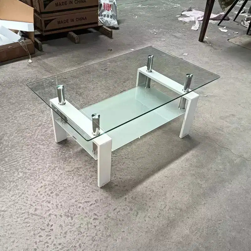 Tempered Clear Glass Coffee Table, 2-Tier Modern Center Table with Storage for Living Room