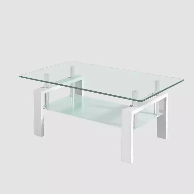 Tempered Clear Glass Coffee Table, 2-Tier Modern Center Table with Storage for Living Room