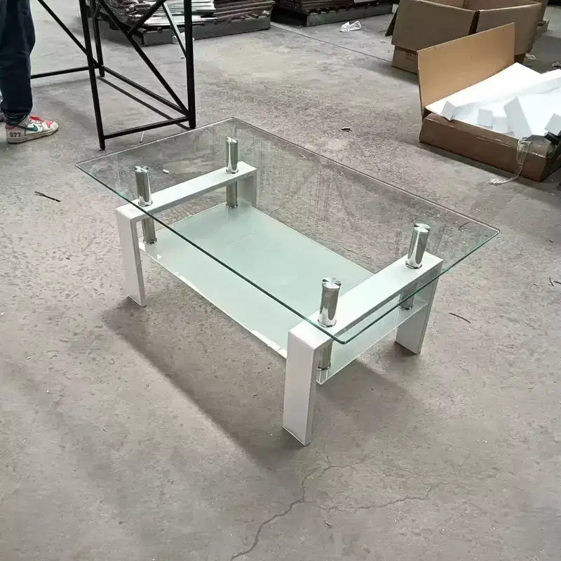 Tempered Clear Glass Coffee Table, 2-Tier Modern Center Table with Storage for Living Room
