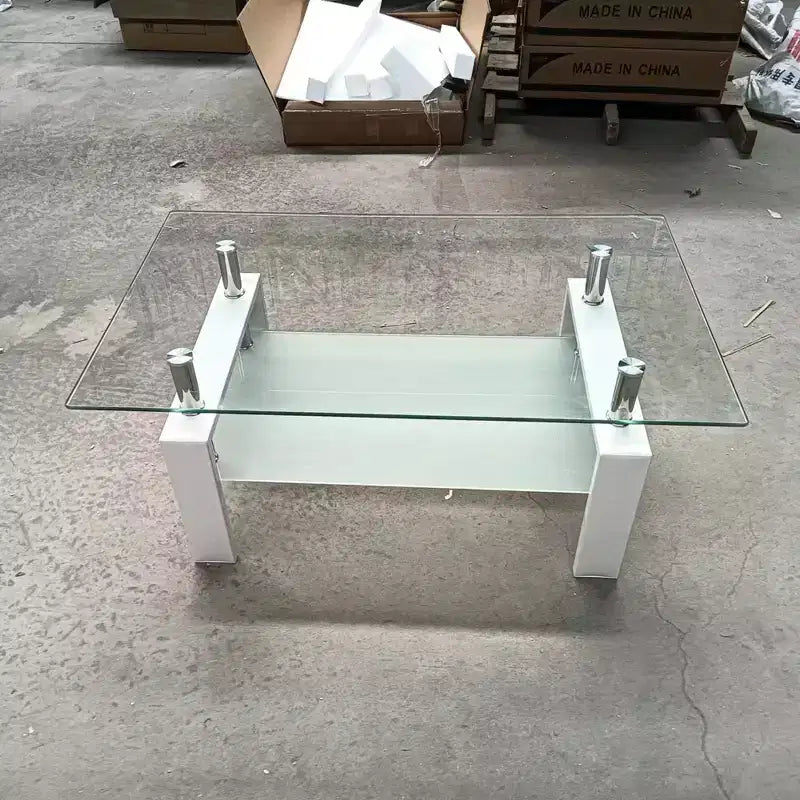 Tempered Clear Glass Coffee Table, 2-Tier Modern Center Table with Storage for Living Room