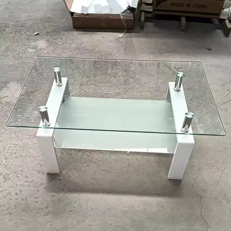 Tempered Clear Glass Coffee Table, 2-Tier Modern Center Table with Storage for Living Room