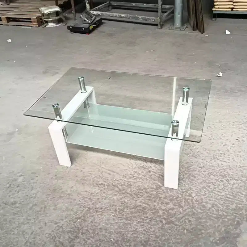 Tempered Clear Glass Coffee Table, 2-Tier Modern Center Table with Storage for Living Room