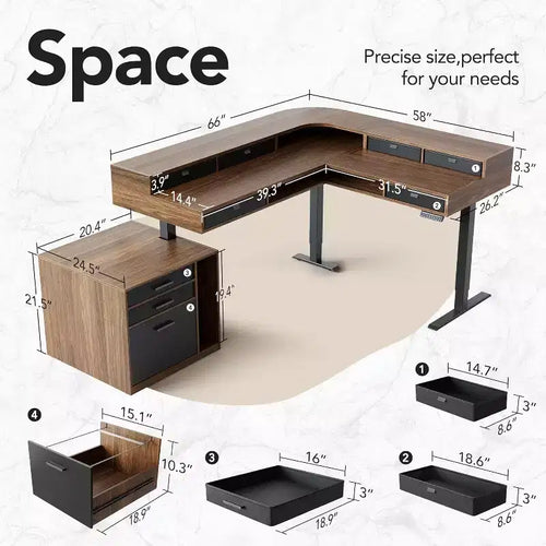 65.5 X 57.6 In Electric L Shaped Standing Desk with 6 Storage Drawers and File Cabinet, 2-Tier Corner Height-adjustable standing desk, Walnut