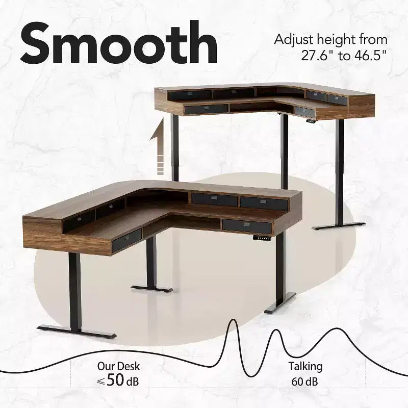 65.5 X 57.6 In Electric L Shaped Standing Desk with 6 Storage Drawers and File Cabinet, 2-Tier Corner Height-adjustable standing desk, Walnut