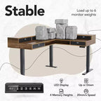 65.5 X 57.6 In Electric L Shaped Standing Desk with 6 Storage Drawers and File Cabinet, 2-Tier Corner Height-adjustable standing desk, Walnut