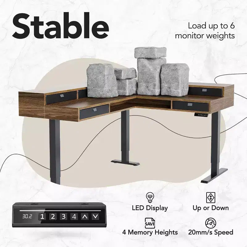 65.5 X 57.6 In Electric L Shaped Standing Desk with 6 Storage Drawers and File Cabinet, 2-Tier Corner Height-adjustable standing desk, Walnut