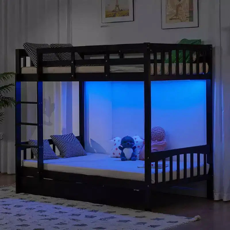 Karl Home Letto a Castello Matrimoniale in Legno Massello Nero con Stazione di Ricarica, LED RGB, 2 Cassetti, Sponda di Sicurezza e Scalette, Convertibile in 2 Letti Separati