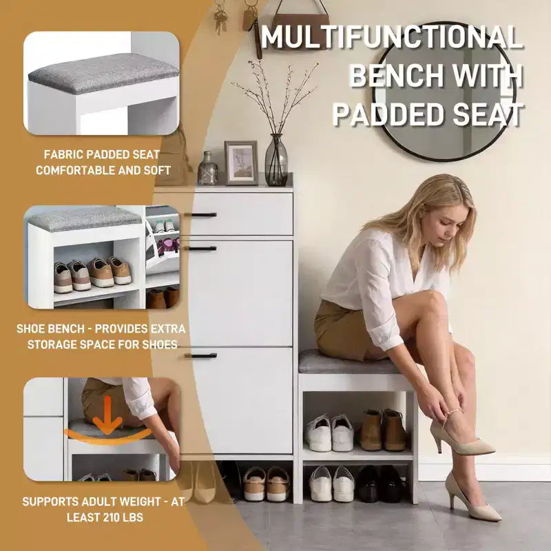 Karl Home 2-Drawer Shoe Cabinet With Flip Top Cushioned Stool 1 Hook 46.1 inches Width