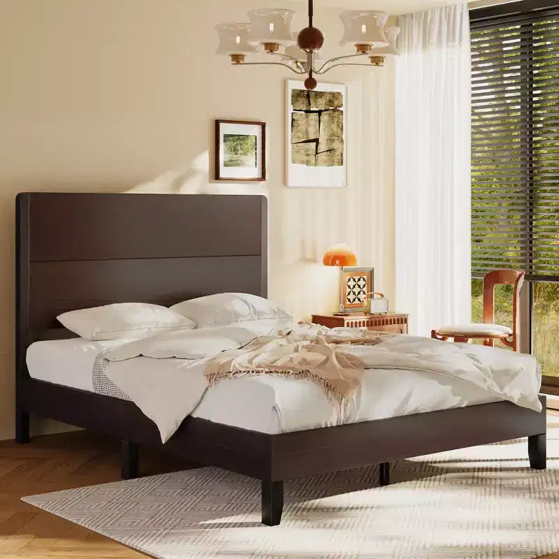 Dyonery Platform Bed Frame with 50 Tall Headboard, Solid Wood Slat Support, Noise-Free Mattress Foundation, No Box Spring Needed