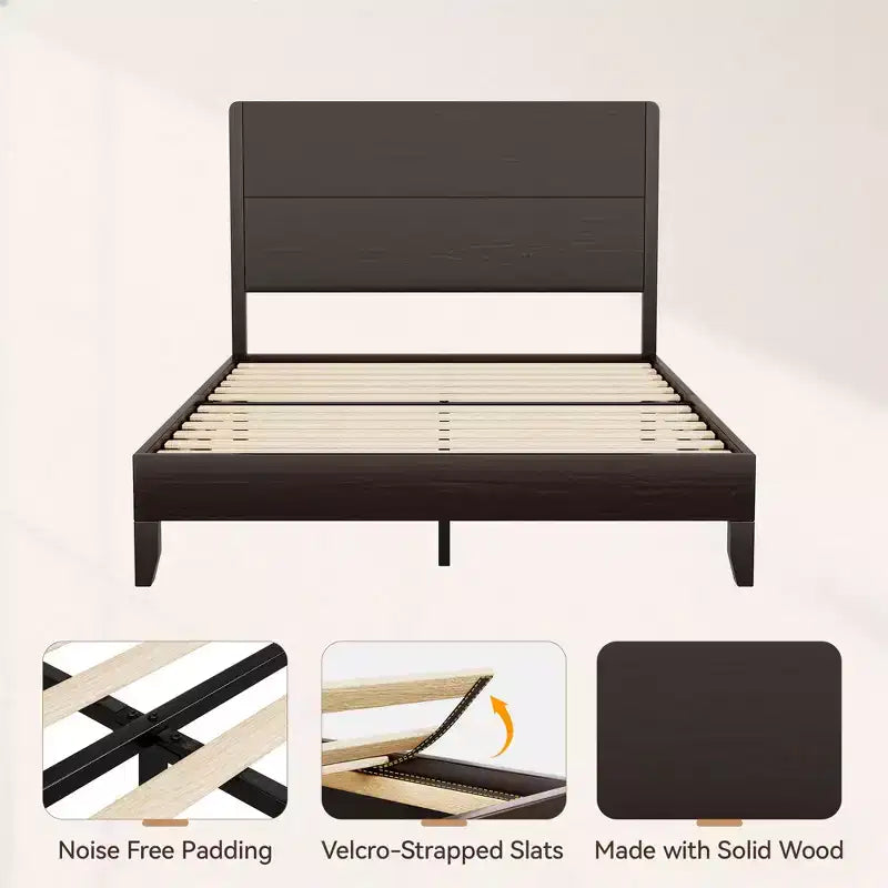Dyonery Platform Bed Frame with 50 Tall Headboard, Solid Wood Slat Support, Noise-Free Mattress Foundation, No Box Spring Needed