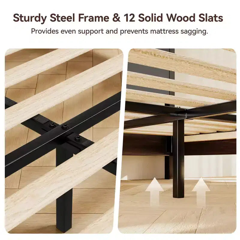 Dyonery Platform Bed Frame with 50 Tall Headboard, Solid Wood Slat Support, Noise-Free Mattress Foundation, No Box Spring Needed