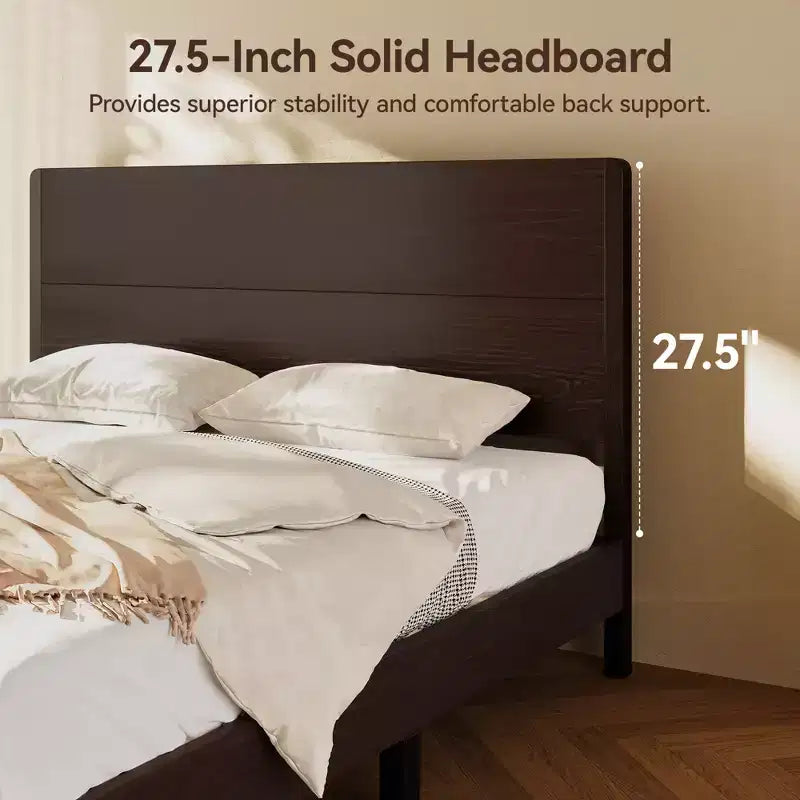 Dyonery Platform Bed Frame with 50 Tall Headboard, Solid Wood Slat Support, Noise-Free Mattress Foundation, No Box Spring Needed